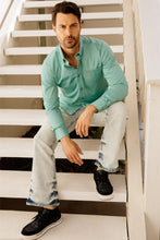 Load image into Gallery viewer, Men’s Single Pocket Logo Modern Fit Stretch Dress Shirt - Turquoise
