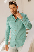 Load image into Gallery viewer, Men’s Single Pocket Logo Modern Fit Stretch Dress Shirt - Turquoise
