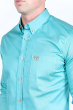 Load image into Gallery viewer, Men’s Single Pocket Logo Modern Fit Stretch Dress Shirt - Turquoise
