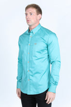 Load image into Gallery viewer, Men’s Single Pocket Logo Modern Fit Stretch Dress Shirt - Turquoise
