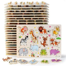 Load image into Gallery viewer, Montessori Wooden Puzzles Hand Grab Boards Toys Tangram Baby Educational Toys Cartoon Vehicle Animals Fruits 3D Puzzles
