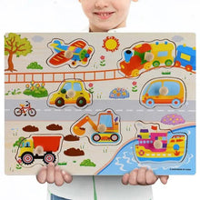 Load image into Gallery viewer, Montessori Wooden Puzzles Hand Grab Boards Toys Tangram Baby Educational Toys Cartoon Vehicle Animals Fruits 3D Puzzles
