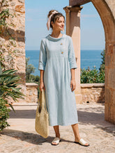 Load image into Gallery viewer, 100% Linen Rolled Collar Asymmetric Button Maxi Dress ELARAINE
