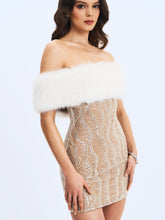 Load image into Gallery viewer, Averie White Fur Off-Shoulder Beige Sequin Mini Dress
