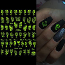 Load image into Gallery viewer, Nail Stickers Back Glue Fluorescent Light Flame Butterfly Moon Love Pattern Designs Nail Decal Decoration Tips For Beauty Salons Glow in Dark Nail Stickers Self-Adhesive Nail Art Decals Butterfly Flower Star Heart Nail Strips Glow Dark Nail Art Manicure
