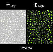 Load image into Gallery viewer, Nail Stickers Back Glue Fluorescent Light Flame Butterfly Moon Love Pattern Designs Nail Decal Decoration Tips For Beauty Salons Glow in Dark Nail Stickers Self-Adhesive Nail Art Decals Butterfly Flower Star Heart Nail Strips Glow Dark Nail Art Manicure
