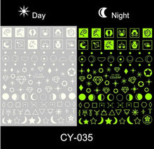 Load image into Gallery viewer, Nail Stickers Back Glue Fluorescent Light Flame Butterfly Moon Love Pattern Designs Nail Decal Decoration Tips For Beauty Salons Glow in Dark Nail Stickers Self-Adhesive Nail Art Decals Butterfly Flower Star Heart Nail Strips Glow Dark Nail Art Manicure
