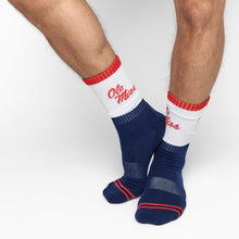 Load image into Gallery viewer, Navy White OM Script Casual Crew Socks
