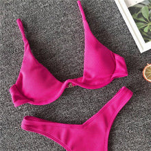 Load image into Gallery viewer, Neon V-bar Underwired Bikini Female Ribbed Swimsuit Women Swimwear Two-pieces Bikini set Push up Bathing Suit
