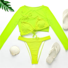 Load image into Gallery viewer, Neon Yellow Crop Top Swimwear Women Summer 3 Pieces Swimsuit Bikini Sets With Sheer Crop Top Cover Up Beachwear Mesh Long Sleeve Cover Ups Top Three Piece Swimsuit Bikini Set
