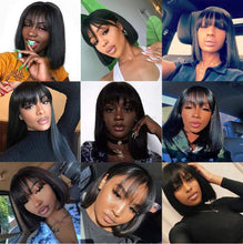 Load image into Gallery viewer, New Arrival Burgundy Red Short Human Hair Wig With Fringe for Women Straight Remy Hair Bob Wigs With Bangs Dark Brown Balayage Color Wigs For Cosplay
