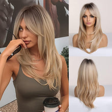 Load image into Gallery viewer, New Arrival Long Straight Wigs Ombre Black Blonde Ash Wig with Bangs Heat Resistant Synthetic Wigs for Women Stylish Wigs For Black Women Cosplay Wigs For Women
