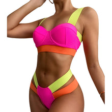 Load image into Gallery viewer, New Bikini Sets Black Push Up Swimsuit Women Neon Patchwork Bikini Swimsuit 2 Piece Cutout Molded Push Up Bathing Suit Women Swimwear Splicing Bathing Suit Holiday Beach Swimming Suit
