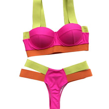 Load image into Gallery viewer, New Bikini Sets Black Push Up Swimsuit Women Neon Patchwork Bikini Swimsuit 2 Piece Cutout Molded Push Up Bathing Suit Women Swimwear Splicing Bathing Suit Holiday Beach Swimming Suit
