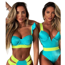 Load image into Gallery viewer, New Bikini Sets Black Push Up Swimsuit Women Neon Patchwork Bikini Swimsuit 2 Piece Cutout Molded Push Up Bathing Suit Women Swimwear Splicing Bathing Suit Holiday Beach Swimming Suit
