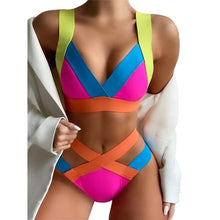 Load image into Gallery viewer, New Bikini Sets Black Push Up Swimsuit Women Neon Patchwork Bikini Swimsuit 2 Piece Cutout Molded Push Up Bathing Suit Women Swimwear Splicing Bathing Suit Holiday Beach Swimming Suit
