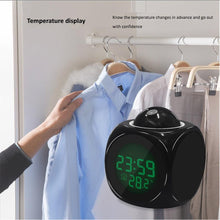 Load image into Gallery viewer, New Creative Attention Projection Digital Weather LCD Snooze Clock Projection Alarm Clock Wake Up Bedroom with Data and Temperature Display Talking Function LED Wall/Ceiling Projection Bell Alarm Display Backlight LED Projector Home Clock Timer
