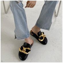 Load image into Gallery viewer, Gold Chain Women Slipper Closed Toe Slip On Mules Shoes Round Toe Low Heels Casual Slides Flat Sandals Slip On Slide Sandals Elegant Heels Slides Slippers
