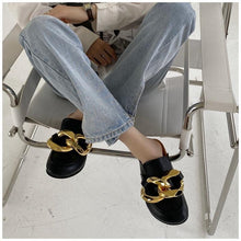 Load image into Gallery viewer, Gold Chain Women Slipper Closed Toe Slip On Mules Shoes Round Toe Low Heels Casual Slides Flat Sandals Slip On Slide Sandals Elegant Heels Slides Slippers
