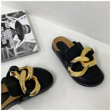 Load image into Gallery viewer, Gold Chain Women Slipper Closed Toe Slip On Mules Shoes Round Toe Low Heels Casual Slides Flat Sandals Slip On Slide Sandals Elegant Heels Slides Slippers
