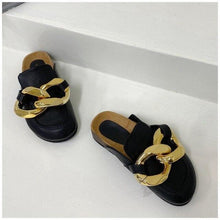 Load image into Gallery viewer, Gold Chain Women Slipper Closed Toe Slip On Mules Shoes Round Toe Low Heels Casual Slides Flat Sandals Slip On Slide Sandals Elegant Heels Slides Slippers
