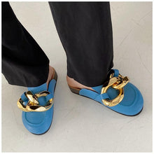 Load image into Gallery viewer, Gold Chain Women Slipper Closed Toe Slip On Mules Shoes Round Toe Low Heels Casual Slides Flat Sandals Slip On Slide Sandals Elegant Heels Slides Slippers
