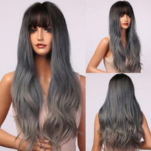 Load image into Gallery viewer, New Fashion Long Wavy Ombre Brown Highlight Wigs with Bangs Synthetic Natural Wig for Women Heat Resistant Cosplay Hair Wigs For Black Women Wigs For Cosplay
