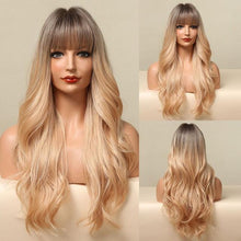 Load image into Gallery viewer, New Fashion Long Wavy Ombre Brown Highlight Wigs with Bangs Synthetic Natural Wig for Women Heat Resistant Cosplay Hair Wigs For Black Women Wigs For Cosplay
