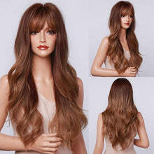 Load image into Gallery viewer, New Fashion Long Wavy Ombre Brown Highlight Wigs with Bangs Synthetic Natural Wig for Women Heat Resistant Cosplay Hair Wigs For Black Women Wigs For Cosplay
