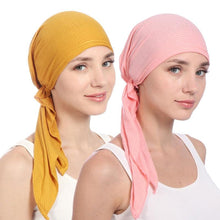 Load image into Gallery viewer, New Fashion Soft Cotton Solid Color Elastic Wrap Lightweight Scarf Hats Muslim Turban Elegant Bonnet Inner Hijab Hat Female Turbantes caps For Women
