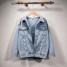 Load image into Gallery viewer, New Sizzling Women's Denim Jacket Fashionable Streetwear Letter Stylish Chic Printed Ripped Holes Jean Patchwork Jeans Female Coat
