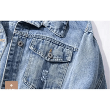Load image into Gallery viewer, New Sizzling Women's Denim Jacket Fashionable Streetwear Letter Stylish Chic Printed Ripped Holes Jean Patchwork Jeans Female Coat
