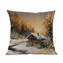 Load image into Gallery viewer, Oil Painting Style Pillow Covers Winter Rural Landscape Cabins Woods And Rivers In Snow Linen Cotton Pillow Case Home Sofa Decoration Cushion Cover Woodland Tree Decorative Throw Pillow Covers Square Outdoor Pillow Case 45X45CM
