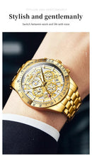 Load image into Gallery viewer, OLEVS Lxuxry Brand Gold Men's Watches Full Skeleton Stainless steel Chronograph Wristwatch Waterproof Luminous Quartz Watch Men
