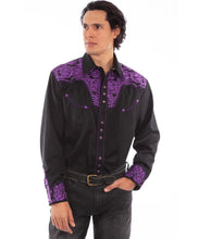 Load image into Gallery viewer, Scully Floral Tooled Embroidery - Men's Western Shirt (Purple/Black)
