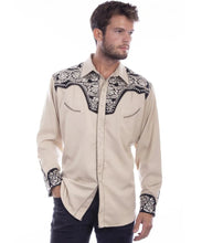 Load image into Gallery viewer, Scully Floral Tooled Embroidery - Men's Western Shirt (Tan/Black)
