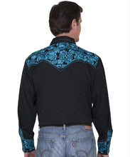 Load image into Gallery viewer, Scully Floral Tooled Embroidery - Men's Western Shirt (Black/Turquoise)
