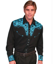 Load image into Gallery viewer, Scully Floral Tooled Embroidery - Men's Western Shirt (Black/Turquoise)
