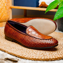 Load image into Gallery viewer, 11-620-CGN PALIO Genuine Crocodile and Calfskin Basketweave Slip On, Cognac
