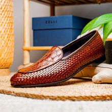 Load image into Gallery viewer, 11-620-CGN PALIO Genuine Crocodile and Calfskin Basketweave Slip On, Cognac
