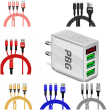 Load image into Gallery viewer, PBG 3 port LED Display Wall Charger and 3 in 1 Cable Bundle Black
