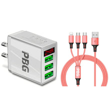 Load image into Gallery viewer, PBG 3 port LED Display Wall Charger and 3 in 1 Cable Bundle Pink
