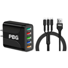 Load image into Gallery viewer, PBG Black 5-Port LED Wall Charger &amp; QC 3-in-1 Nylon Braided Fast Charging Cable
