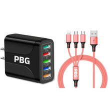 Load image into Gallery viewer, PBG Black 5-Port LED Wall Charger &amp; QC 3-in-1 Nylon Braided Fast Charging Cable
