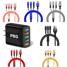 Load image into Gallery viewer, PBG Black 5-Port LED Wall Charger &amp; QC 3-in-1 Nylon Braided Fast Charging Cable
