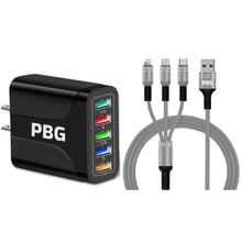 Load image into Gallery viewer, PBG Black 5-Port LED Wall Charger &amp; QC 3-in-1 Nylon Braided Fast Charging Cable
