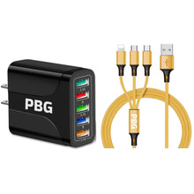 Load image into Gallery viewer, PBG Black 5-Port LED Wall Charger &amp; QC 3-in-1 Nylon Braided Fast Charging Cable
