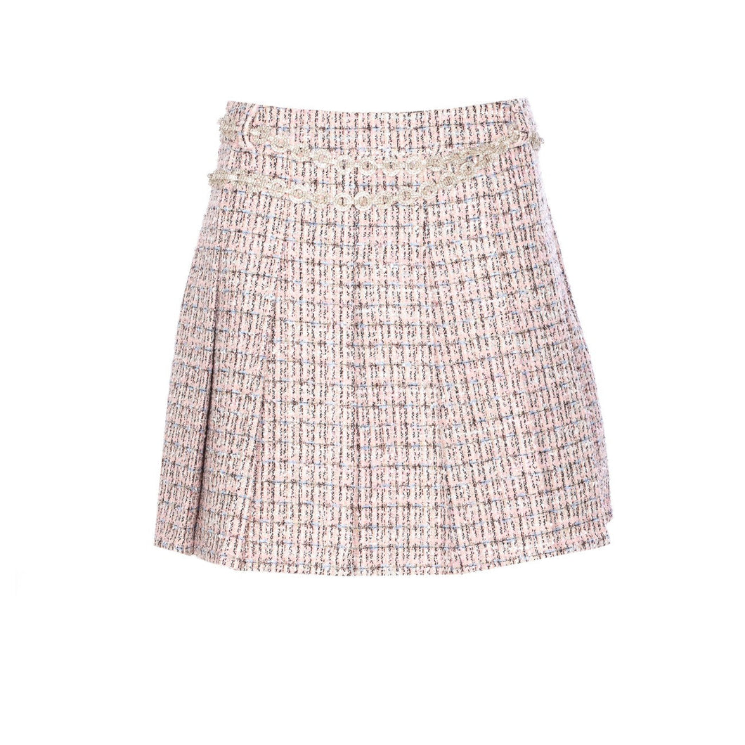 Self Portrait Women Pink Boucle Crystal Belt Mini Skirt