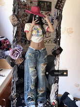 Load image into Gallery viewer, Plus Size American High Street Wide Leg Ripped Denim Women's Summer Retro High Waist Straight-leg Loose Mop Pants Pants
