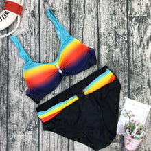 Load image into Gallery viewer, Plus Size Neon Striped Bikini Set Push Up Women High Waist Bikini Set Halter Two Piece Bathing Suits Crisscross Tummy Control Swimsuit Push Up Swimwear Women High Waist Halter Beach Swimwear Retro Bathing Suit Swimming Suit
